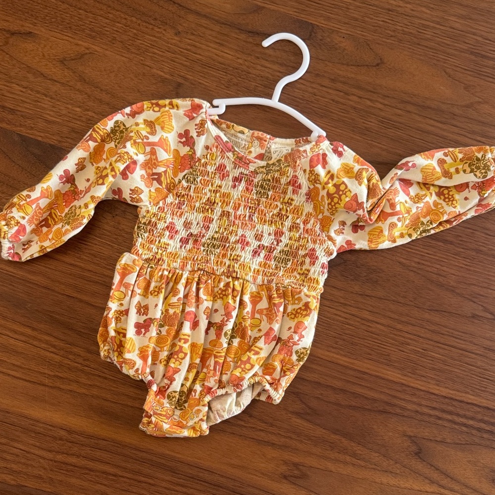 kate quinn Cream Romper with Orange & Yellow Mushroom Smocking